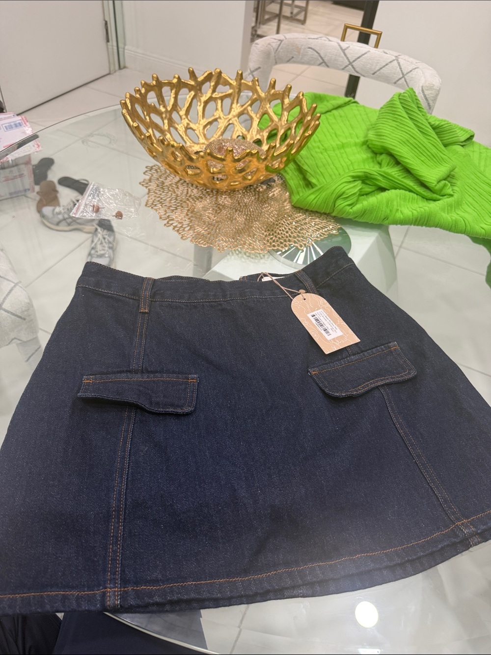 Meshki Dark Blue Denim Mini Skirt with Front Flap Pockets